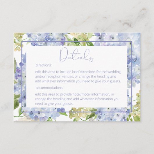 Carte D'accompagnement Périwinkle Blue White Hydrangea Détails Mariage (Devant)