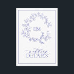 Carte D'accompagnement Périwinkle Leafy Crest Monogram Détails du Mariage<br><div class="desc">Nous aimons cette carte de détails design et moderne ! Simple, élégant et oh-so-joli, il présente une couronne feuilletée dessinée à la main encerclant un monogramme mariage moderne. Il est personnalisé en typographie élégante, et accentué par la calligraphie lettrée à la main. Enfin, il est taillé dans un cadre délicat...</div>