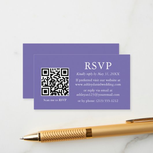 Carte D'accompagnement Périwinkle Mariage minimal QR RSVP (Devant/Arrière en situation)