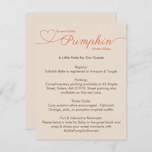 Carte D'accompagnement Petit Baby shower Citrouille - Automne Chic (Devant / Derrière)