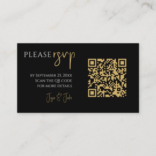 Carte D'accompagnement Photo complète, code QR or noir mariage RSVP (Devant)