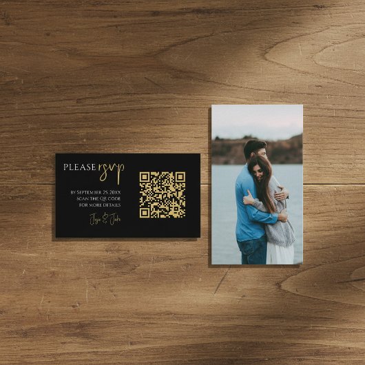 Carte D'accompagnement Photo complète, code QR or noir mariage RSVP