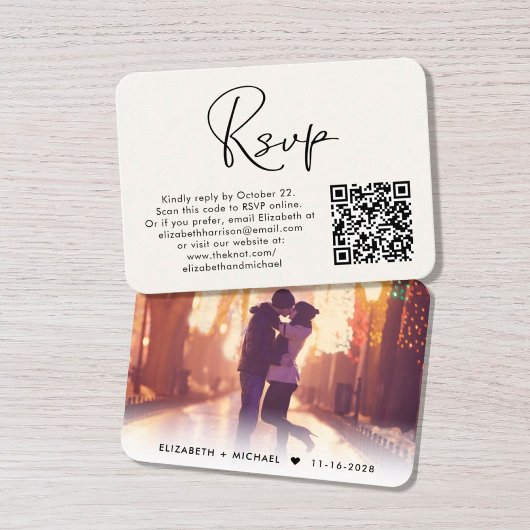 Carte D'accompagnement Photo moderne QR Code Cream Wedding RSVP