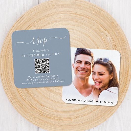 Carte D'accompagnement Photo moderne QR Code Dusty Blue Wedding RSVP