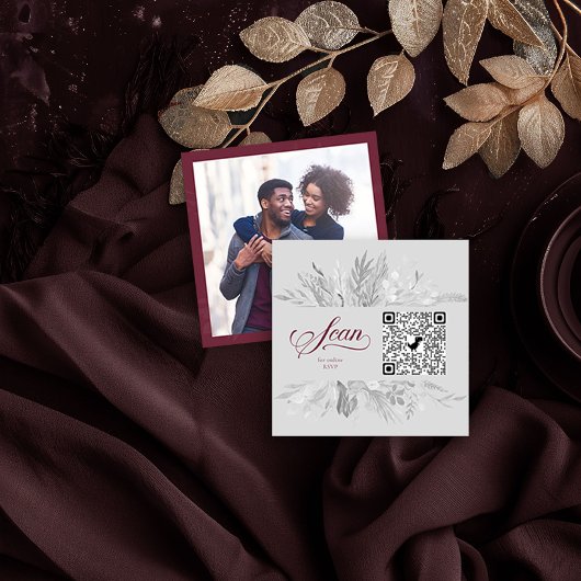 Carte D'accompagnement Photo QR Code en ligne RSVP Burgundy Grey Botaniqu