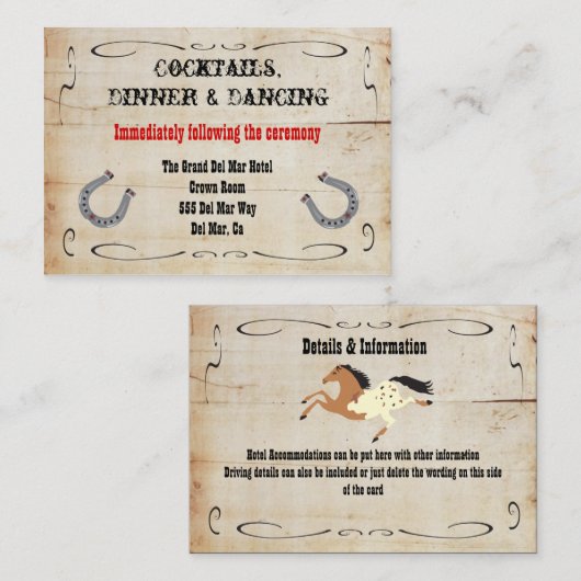 Carte D'accompagnement Pièce de réception Western Cowboy Insertion (Devant / Derrière)