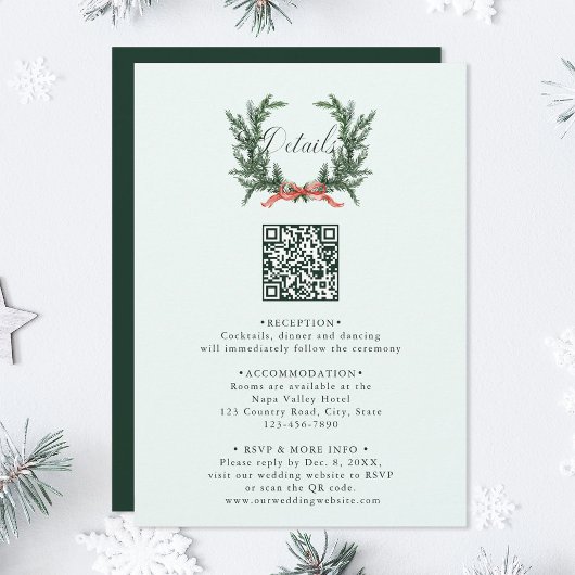 Carte D'accompagnement Pine Wreath Wedding QR Code Details Mint Green