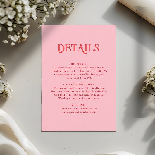 Carte D'accompagnement Pink and Red Minimalist Retro Wedding Details