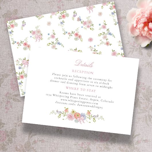 Carte D'accompagnement Pink Bows and Wildflowers Details