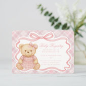 Carte D'accompagnement Pink Coquette Bow Bear Plaid Baby Registry Card (Debout devant)