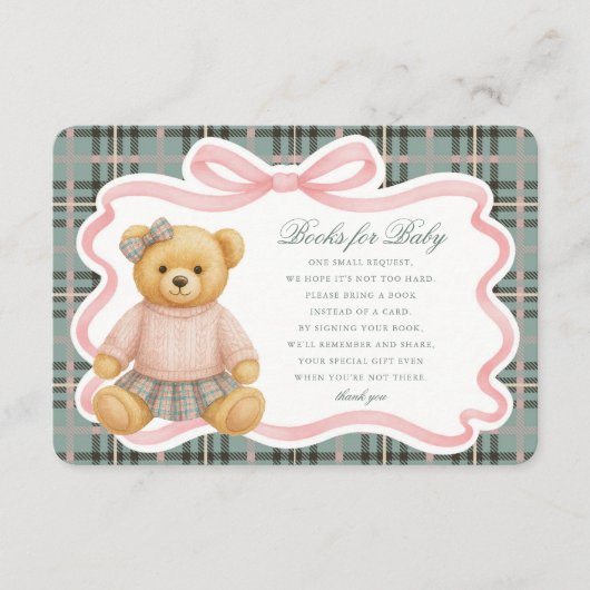 Carte D'accompagnement Pink Coquette Bow Bear Plaid Books for Baby Card (Devant)