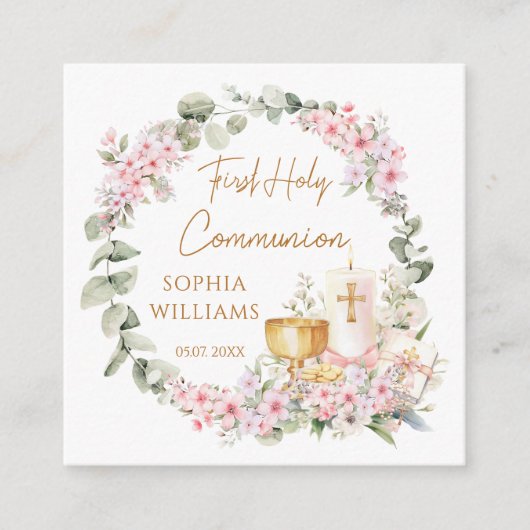 Carte D'accompagnement Pink Floral Chalice Candle First Holy Communion  (Devant)