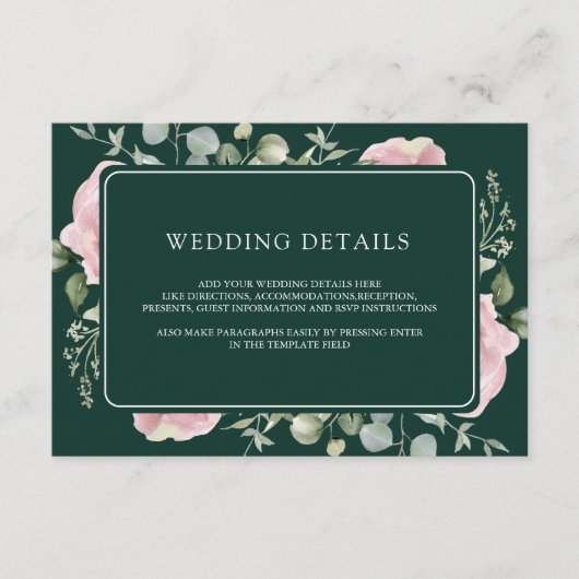 Carte D'accompagnement Pink Floral Eucalyptus Emerald Wedding Details (Devant)