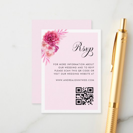 Carte D'accompagnement Pink Floral Script QR Code Mariage simple RSVP (Devant/Arrière en situation)