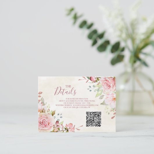 Carte D'accompagnement Pink Floral Spring Wedding QR code Details Insert (Debout devant)