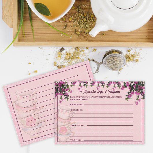 Carte D'accompagnement Pink Floral Teacups Bridal Shower Recipe Card