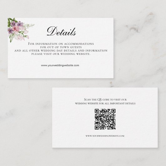 Carte D'accompagnement Pink Green Floral Code QR Détails du Mariage (Devant / Derrière)