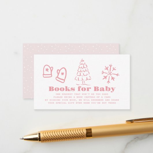 Carte D'accompagnement Pink Hand-Drawn Winter Baby Shower Book Request (Devant/Arrière en situation)
