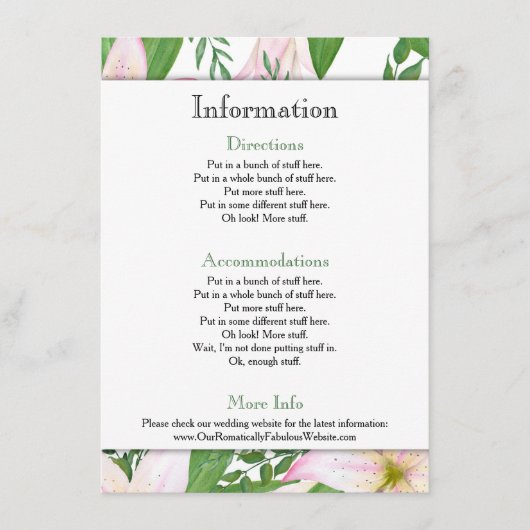 Carte D'accompagnement Pink Lily Floral Mariage Détails (Devant)
