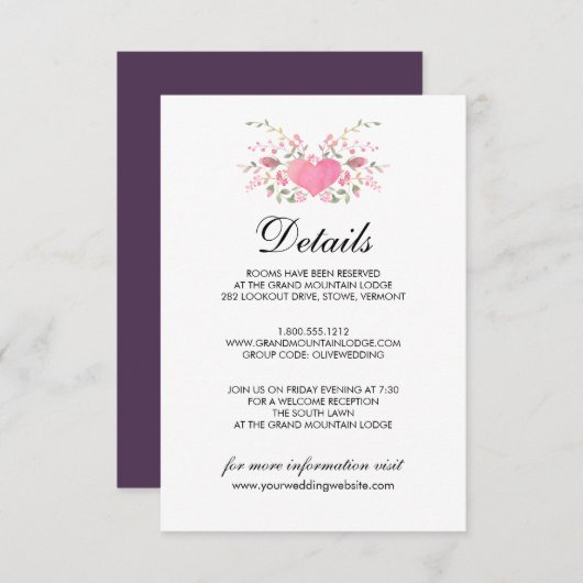 Carte D'accompagnement Pink Love | Détails de mariage champêtre (Devant / Derrière)