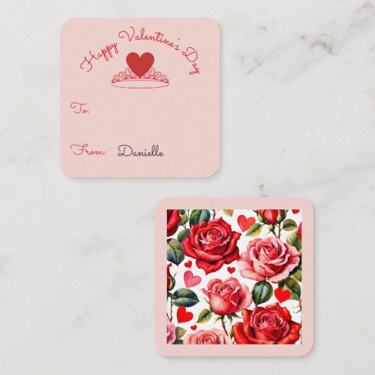 Carte D'accompagnement Pink & Red Roses Heart Crown Classroom Valentine (Devant / Derrière)