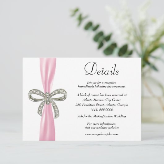 Carte D'accompagnement Pink Ribbon Diamond Bow Détails du Mariage (Debout devant)