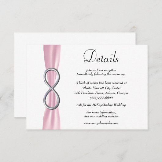 Carte D'accompagnement Pink Ribbon Silver Infinity Détails du Mariage (Devant / Derrière)