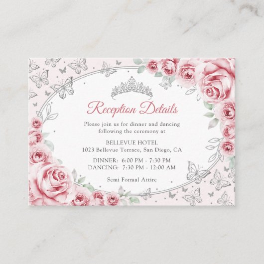 Carte D'accompagnement Pink Silver Quinceanera Reception Details (Devant)