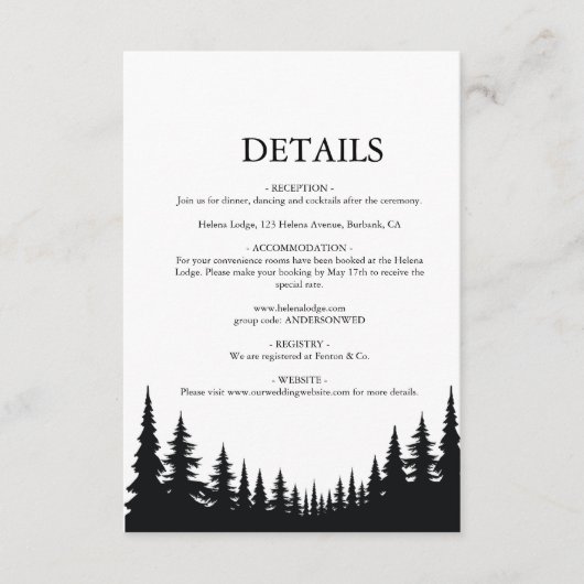 Carte D'accompagnement Pins noirs et blancs Mariage d'hiver (Devant)