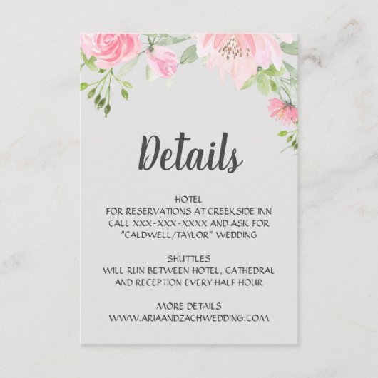 Carte D'accompagnement Pivoines rose sur détails de mariage gris (Devant)