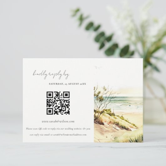 Carte D'accompagnement Plage côtière Sun Seascape Mariage QR Code RSVP (Debout devant)