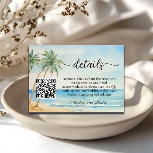 Carte D'accompagnement Plage et palmiers QR Code Détails du Mariage