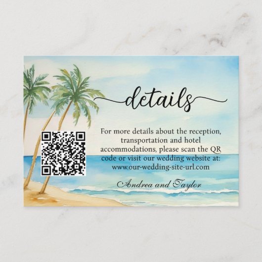 Carte D'accompagnement Plage et palmiers QR Code Détails du Mariage (Devant)