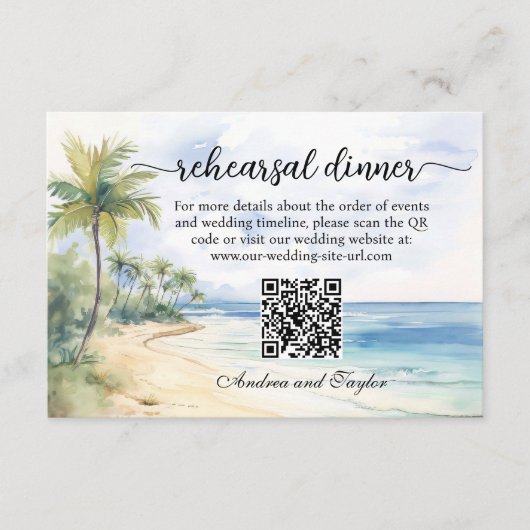 Carte D'accompagnement Plage et palmiers QR Code Dîner de répétition (Devant)