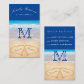 Carte D'accompagnement Plage Mariage 2 Coeurs Sable Bleu foncé RSVP Enclo (Devant / Derrière)