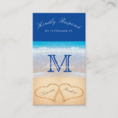 Carte D'accompagnement Plage Mariage 2 Coeurs Sable Bleu foncé RSVP Enclo (Devant)