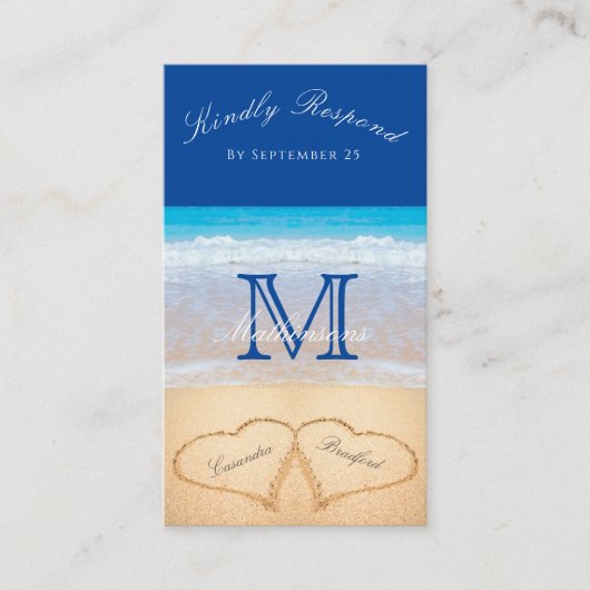 Carte D'accompagnement Plage Mariage 2 Coeurs Sable Bleu foncé RSVP Enclo (Devant)