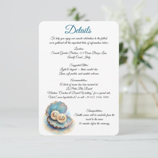 Carte D'accompagnement Plage Mariage Pearls Shell Elégant thème Océan (Debout devant)