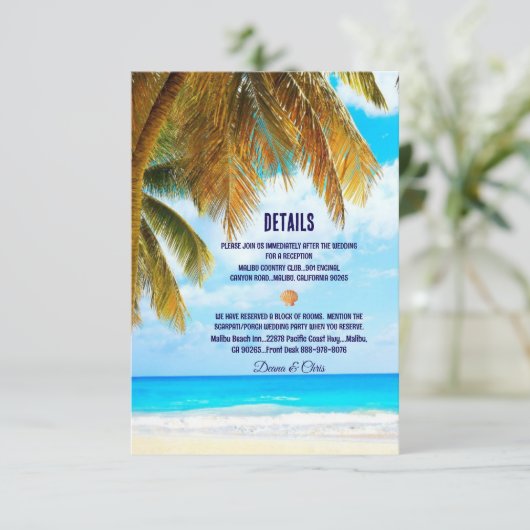 Carte D'accompagnement Plage Palm Trees Océan Destination Mariage (Debout devant)