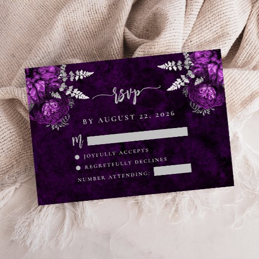 Carte D'accompagnement Plum Purple Argent Floral Script Wedding RSVP