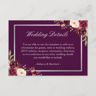 Carte D'accompagnement Plum Purple Floral Silver Grey Détails Mariage