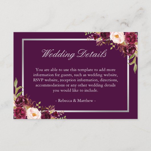 Carte D'accompagnement Plum Purple Floral Silver Grey Détails Mariage (Devant)