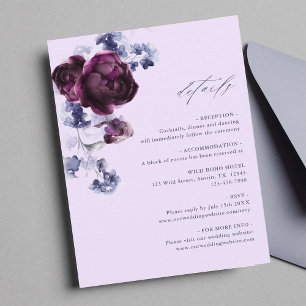 Carte D'accompagnement Plum Purple & Indigo Blue Floral Détails du Mariag