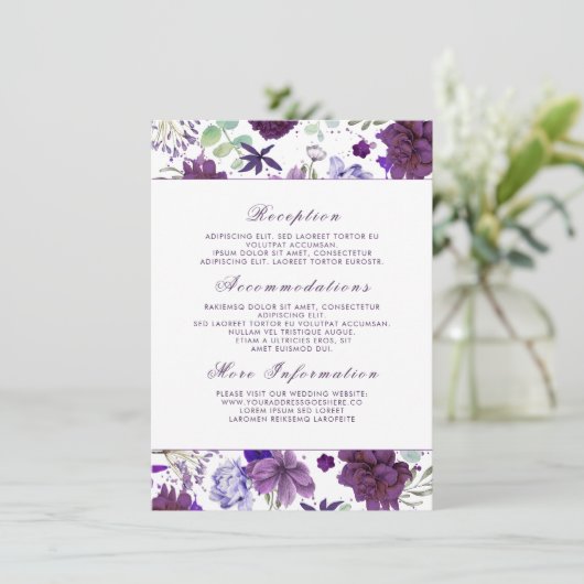 Carte D'accompagnement Plum Violet Fleurs Mariage Informations Invité (Debout devant)