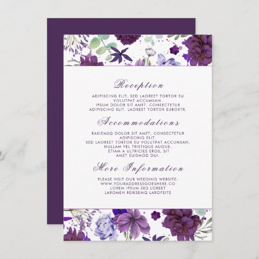 Carte D'accompagnement Plum Violet Fleurs Mariage Informations Invité (Devant / Derrière)