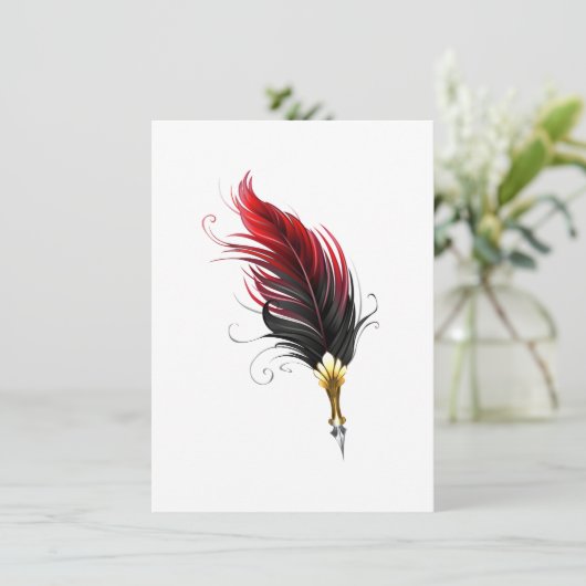 Carte D'accompagnement Plume rouge avec pointe en or (Debout devant)