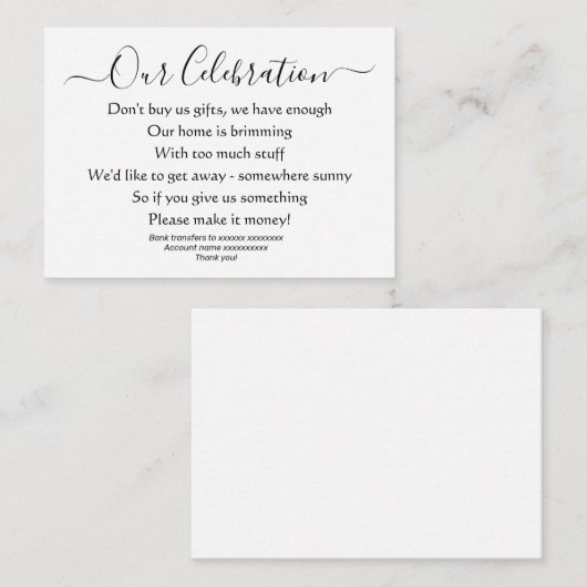 Carte D'accompagnement Poème de mariage simple et élégant sans cadeaux ni (Devant / Derrière)