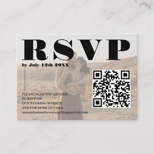 Carte D'accompagnement Police en gras mariage rsvp Qr code 2 photos blanc (Devant)