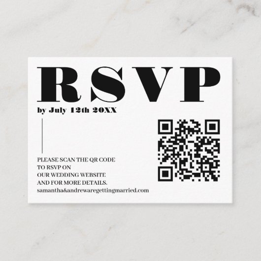 Carte D'accompagnement Police en gras mariage rsvp Qr code noir en blanc (Devant)