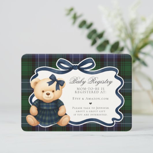 Carte D'accompagnement Preppy Coquette Bow Bear Plaid Baby Registry Card (Debout devant)